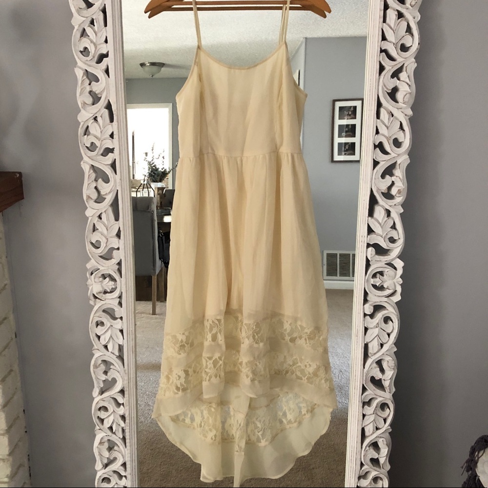 Cream colored, lace detail, high-low midi dress